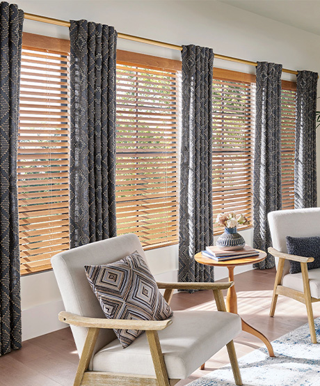 living room with wood blinds